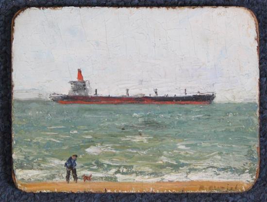 § Richard Eurich R.A. (1903-1992) Freighter at sea with dog walker on the beach, 3 x 4in., unframed